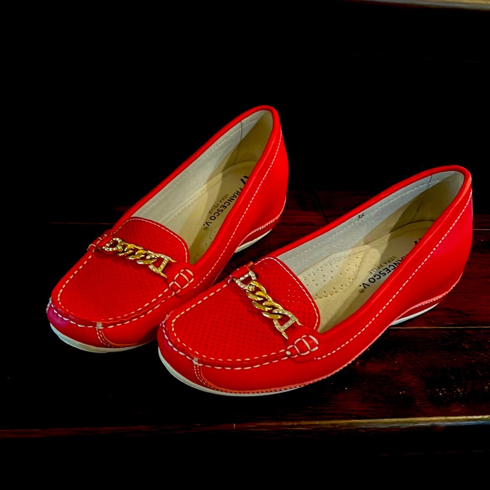 Red driving shoes